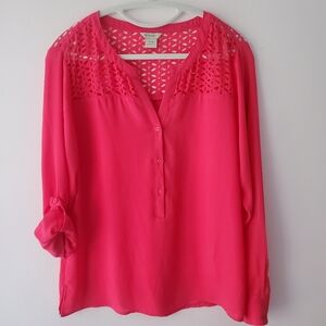 Ariat Bright Pink Women's Top Roll Tab Sleeve Casual Business Preppy Travel Sz M